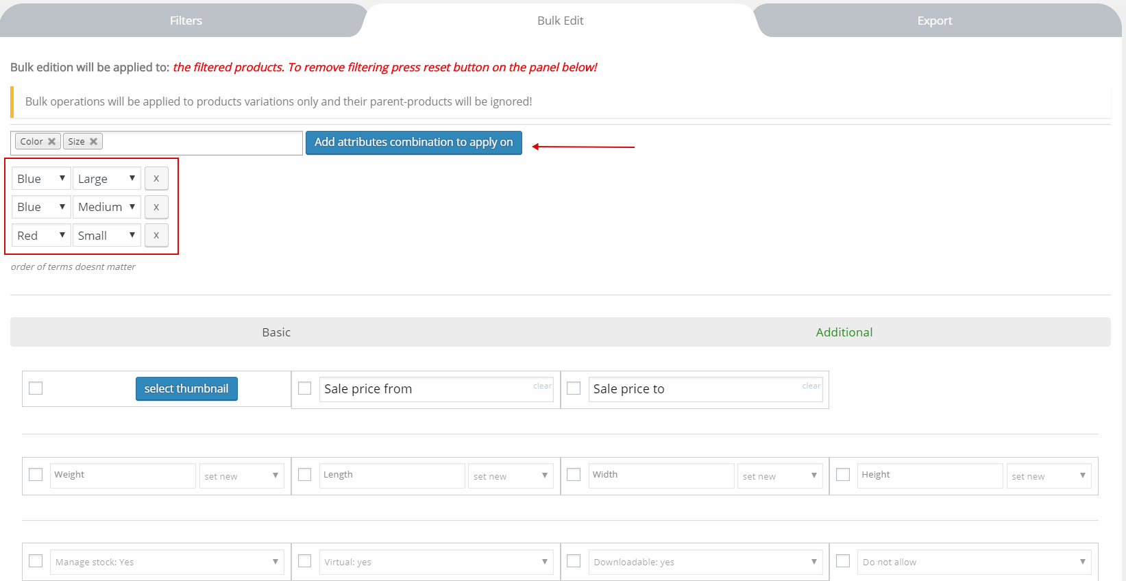 Bulk Edit tab with the variations switch on: attribute combinations to apply to, and the Additional section with Manage stock and backorders drop-downs