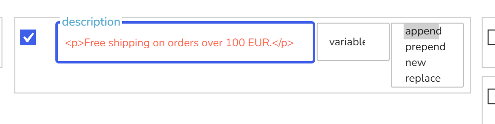 Description row in the Bulk Edit tab: a paragraph of HTML in the input and the behaviour list open on append, prepend, new and replace