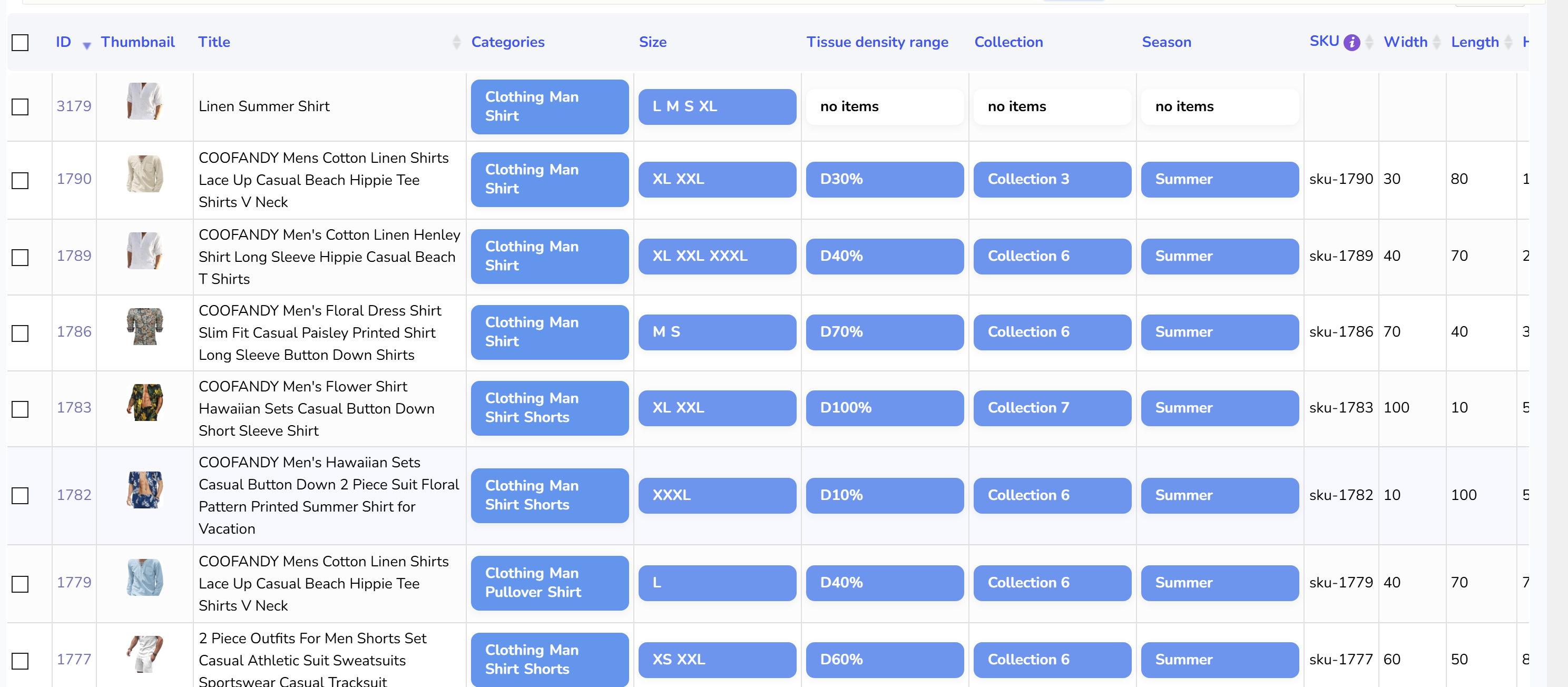 Products Editor filtered by the Shirt category: only shirts are listed, each with its terms in the Categories column