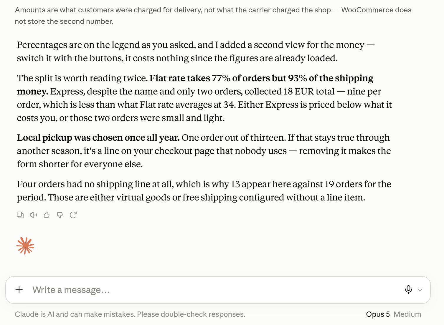 Anteil der WooCommerce-Bestellungen je Versandmethode mit einem Hinweis zur Bedeutung der Beträge