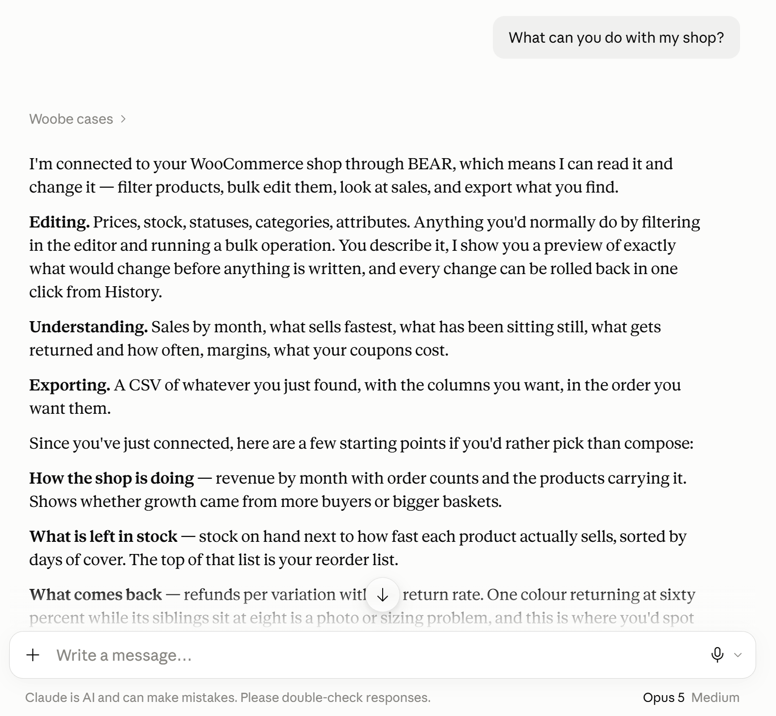 Der Assistent listet auf Nachfrage auf, was er mit einem WooCommerce-Shop tun kann