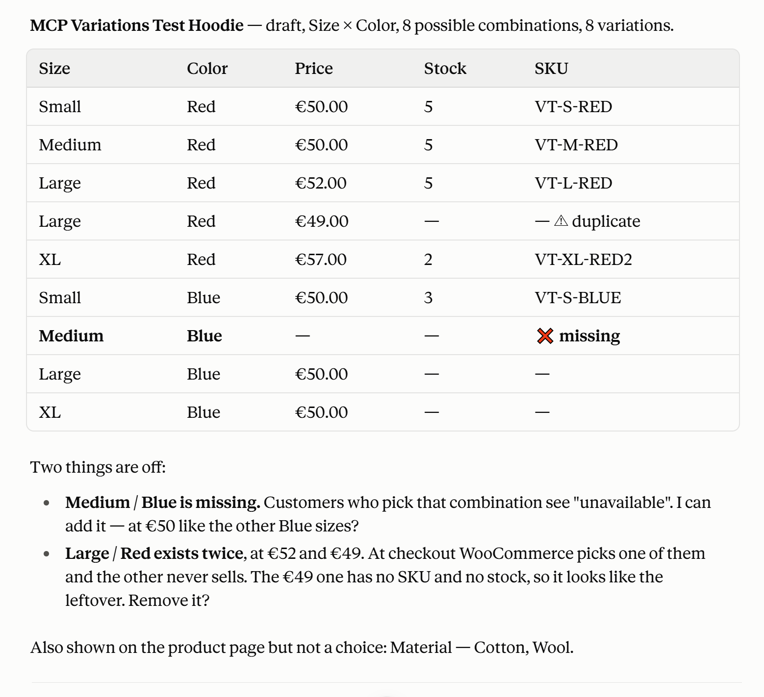 Vorschau eines variablen WooCommerce-Produkts mit 12 Variationen, Preisen und Lagerbestand, bevor es erstellt wird