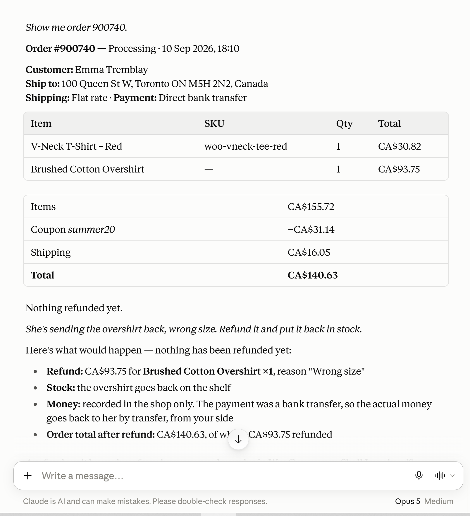 WooCommerce-Bestellkarte im Chat mit einer Teilrückerstattungs-Vorschau, die einen Artikel wieder auf Lager legt
