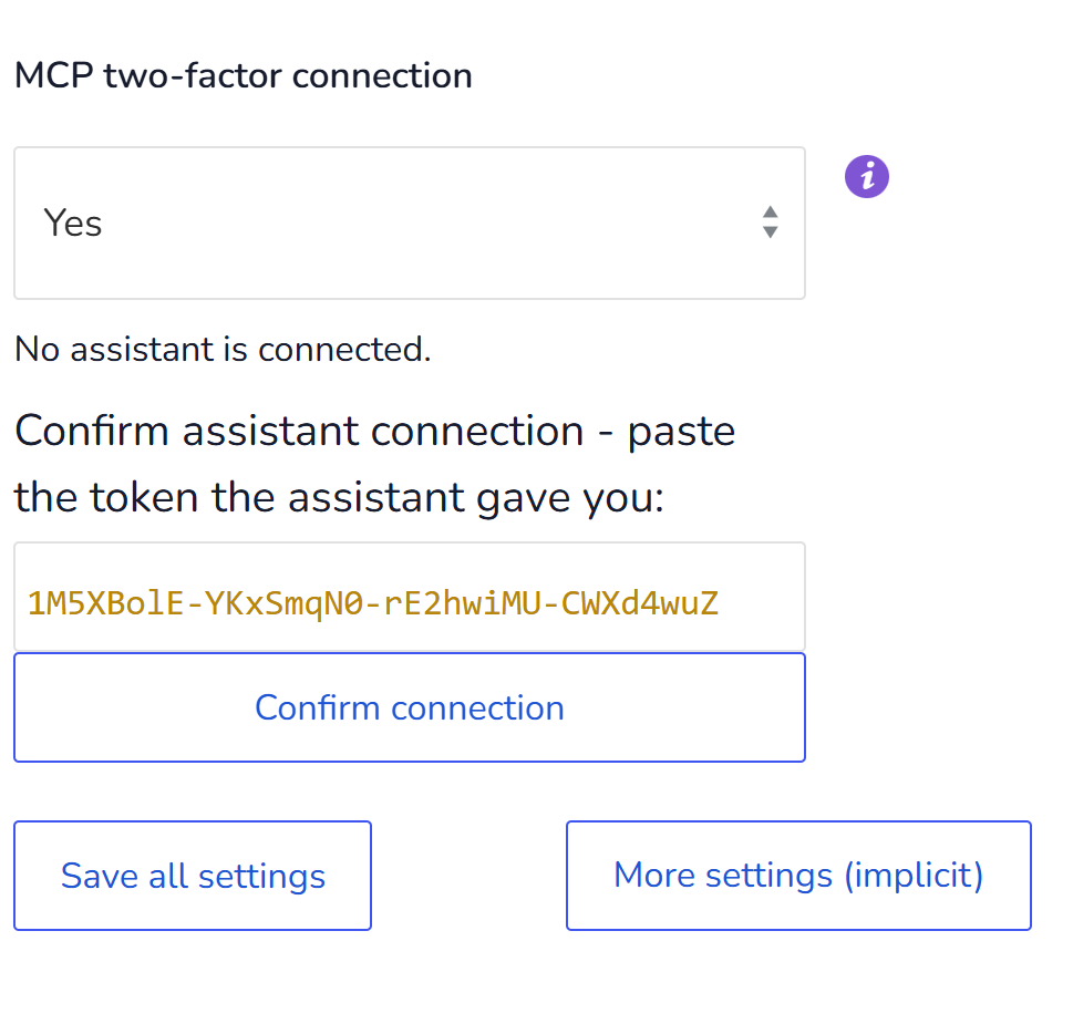 MCP-Zwei-Faktor-Verbindung in den BEAR-Einstellungen mit bestätigter Assistenten-Verbindung