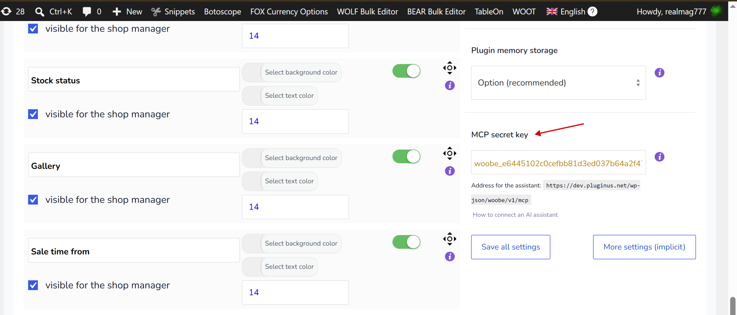 MCP-Geheimschlüssel und Endpunktadresse in den BEAR-Bulk-Editor-Einstellungen für WooCommerce
