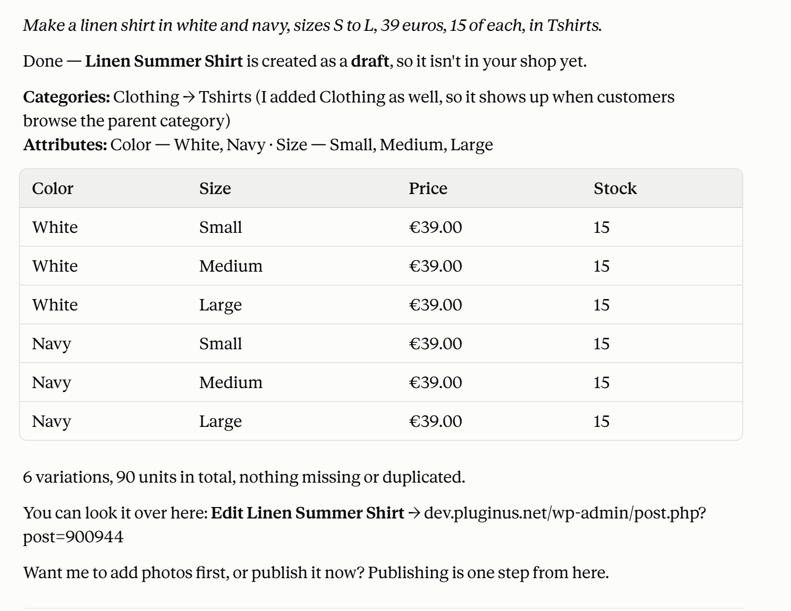 Ein als Entwurf angelegtes variables WooCommerce-Produkt mit sechs Variationen, bereit zur Veröffentlichung
