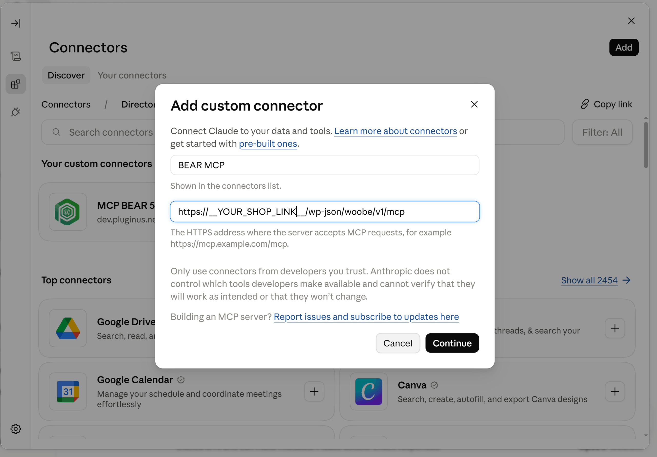 Hinzufügen des WooCommerce-MCP-Servers als benutzerdefinierter Connector mit einem Authorization-Bearer-Header