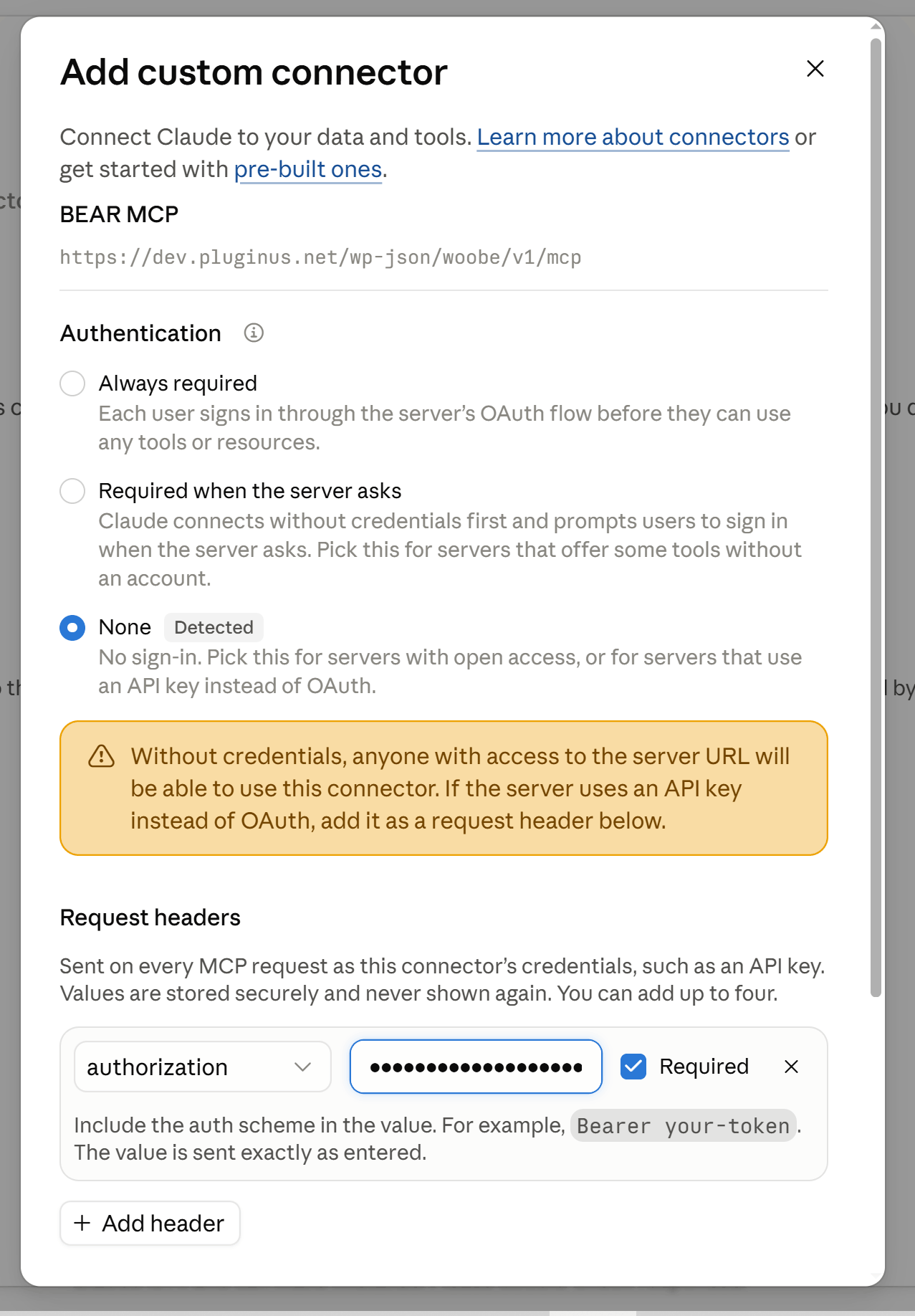Connector-Dialog mit eingegebenem WooCommerce-MCP-Endpunkt und antwortendem Server