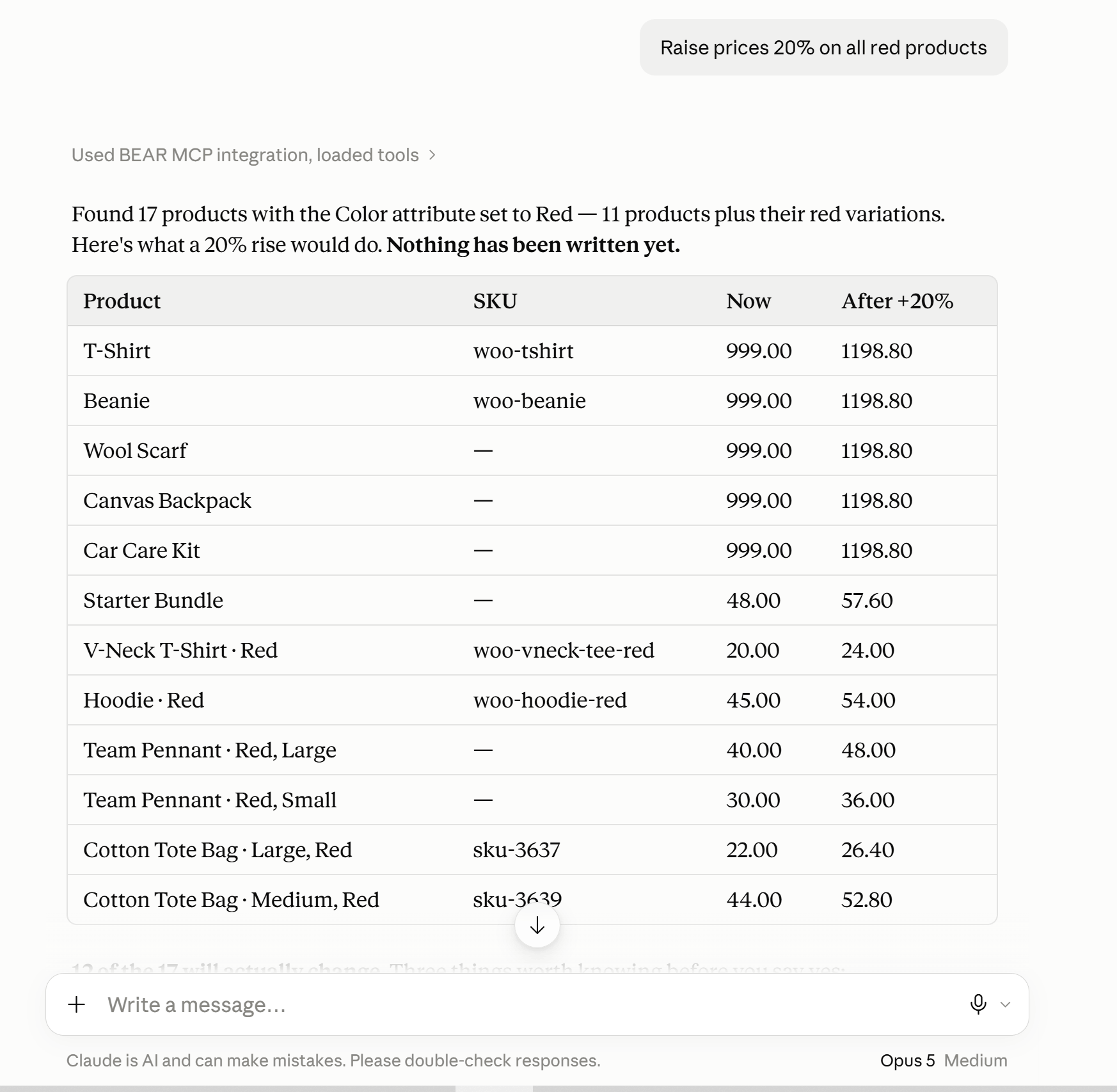 Vorschau einer Bulk-Preiserhöhung in WooCommerce mit alten und neuen Preisen, bevor etwas gespeichert wird