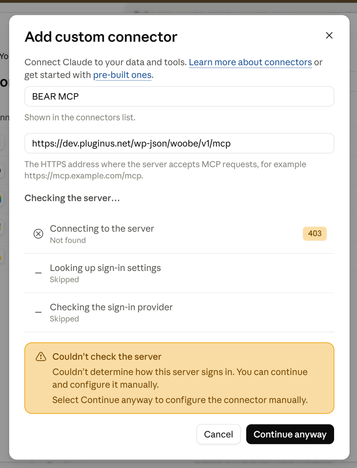 die 403-Meldung beim Hinzufügen des Connectors in Claude, mit hervorgehobenem Skip-Button